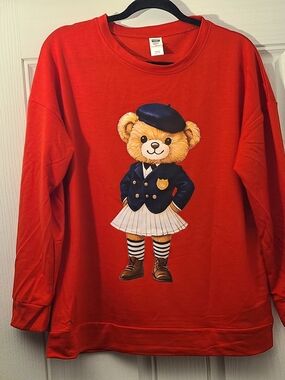 Size L Womens Red Bear-Print Long Sleeve Top